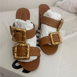 SCHUTZ Women's Brown Heels with Gold Buckles